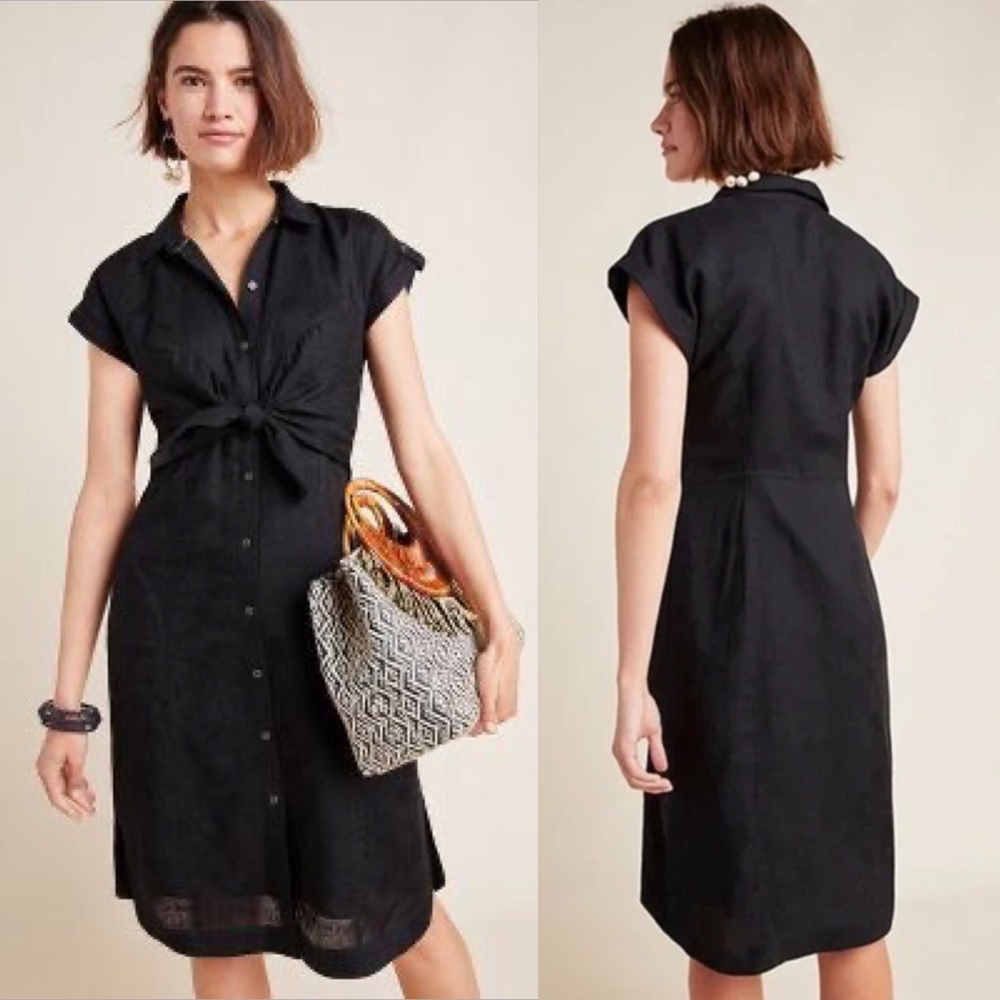 ANTHROPOLOGIE Kamryn Tie Front Black Button-Down Dress